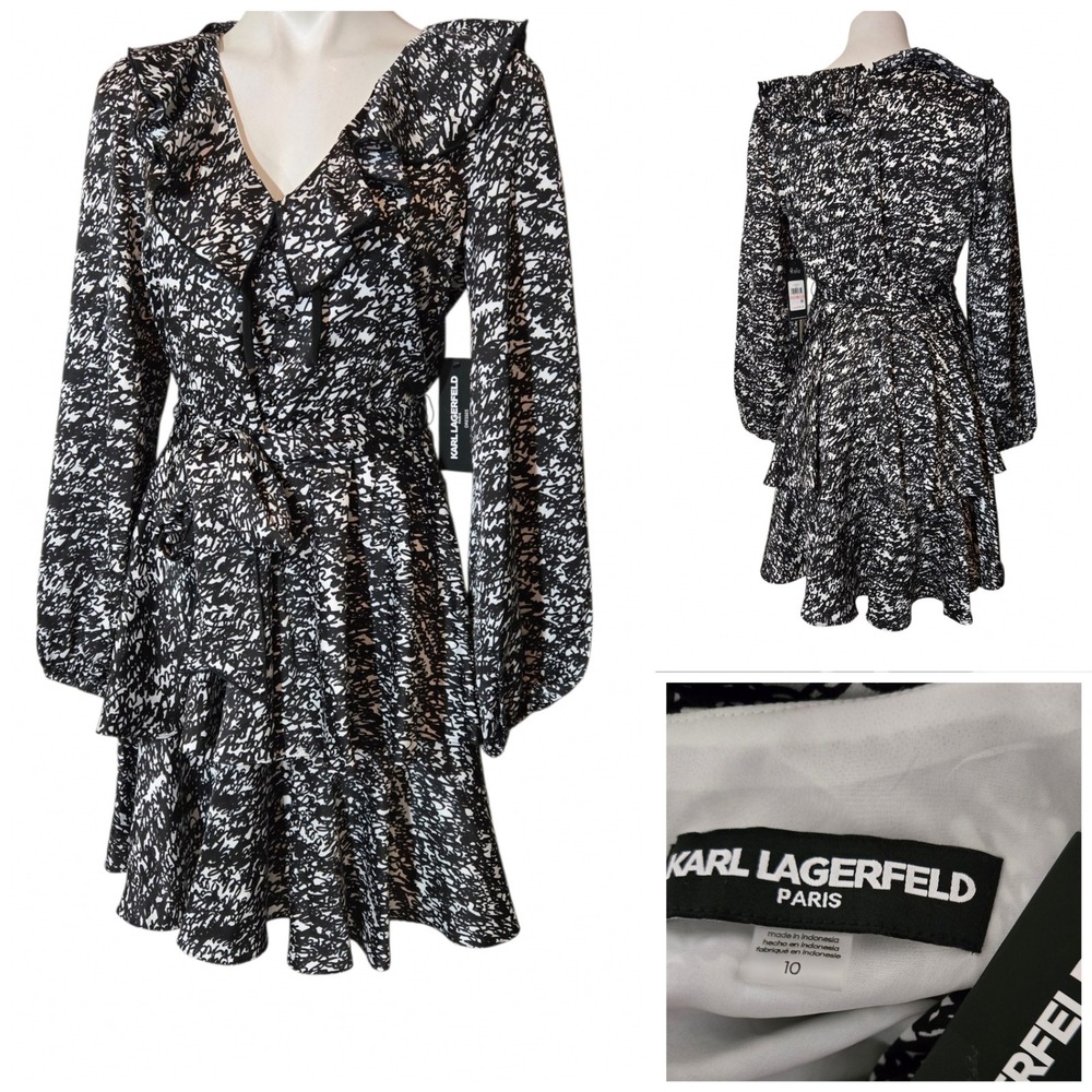 Karl Lagerfeld Paris Black White Ruffle Tiered Long Sleeve Dress Size 10 NEW